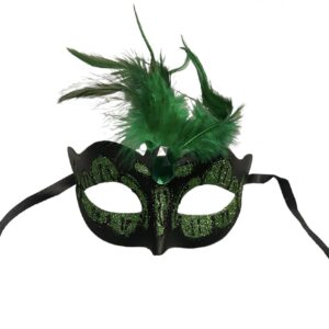 Maska-Venetian Mask Green with Green Stone and Feather