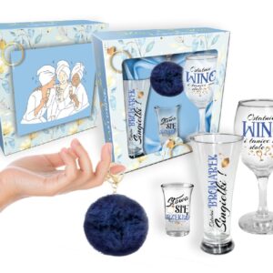 NIEZBĘDNIK PANIEŃSKI-zestaw: szklanka do piwa 300ml, kieliszek do wina 220ml, kieliszek do wódki 35ml + brelok granat