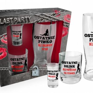 NIEZBĘDNIK KAWALERSKI-zestaw: szklanka do piwa 400ml, szklanka do whisky 270ml, kieliszek do wódki 35ml (czerwono-czarny)