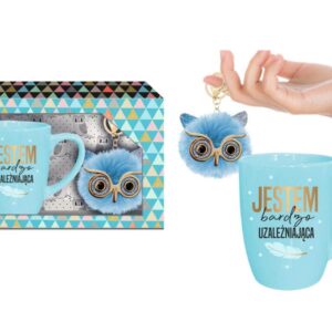 Kubek-Jestem bardzo uzależniająca - zestaw kubek Baryłka pastel 300ml niebieski + brelok sówka