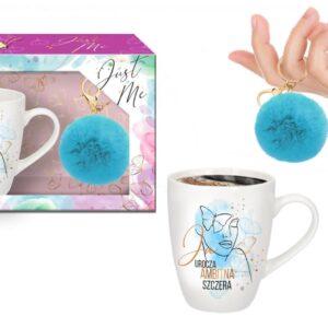 JUST ME - zestaw kubek baryłka 300ml+pompon niebieski-Ja urocza, ambitna, szczera