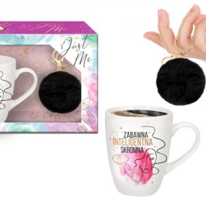 JUST ME - zestaw kubek baryłka 300 ml z napisem ""Zabawna, Inteligentna, Skromna""+ czarny pompon