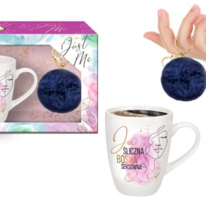 JUST ME - zestaw kubek baryłka 300ml+pompon granatowy-Ja śliczna, boska, seksowna