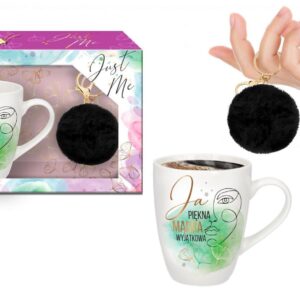 JUST ME - zestaw kubek baryłka 300ml+pompon czarny-Ja piękna, mądra, wyjątkowa