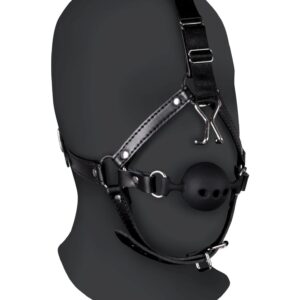 Head Harness with Breathable Ball Gag and Nose Hooks - Black