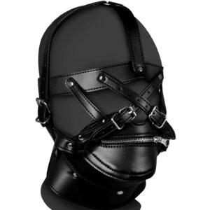Head Harness with Zip-up Mouth and Lock - Black