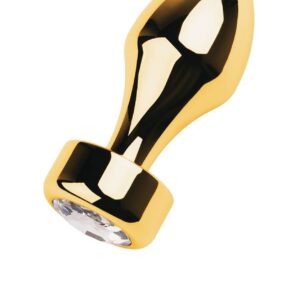 Gold anal plug TOYFA Metal with white round-shaped gem , length 7 cm, diameter 2-3,5 cm, weight 140 gr