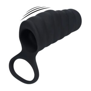 Vibrating Ribbed Silicone Cock Sleeve and Ball Ring - Black