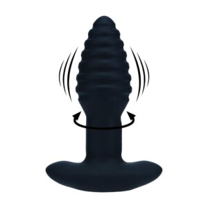 Vibrating and Rotating Ribbed Silicone Anal Plug - Black